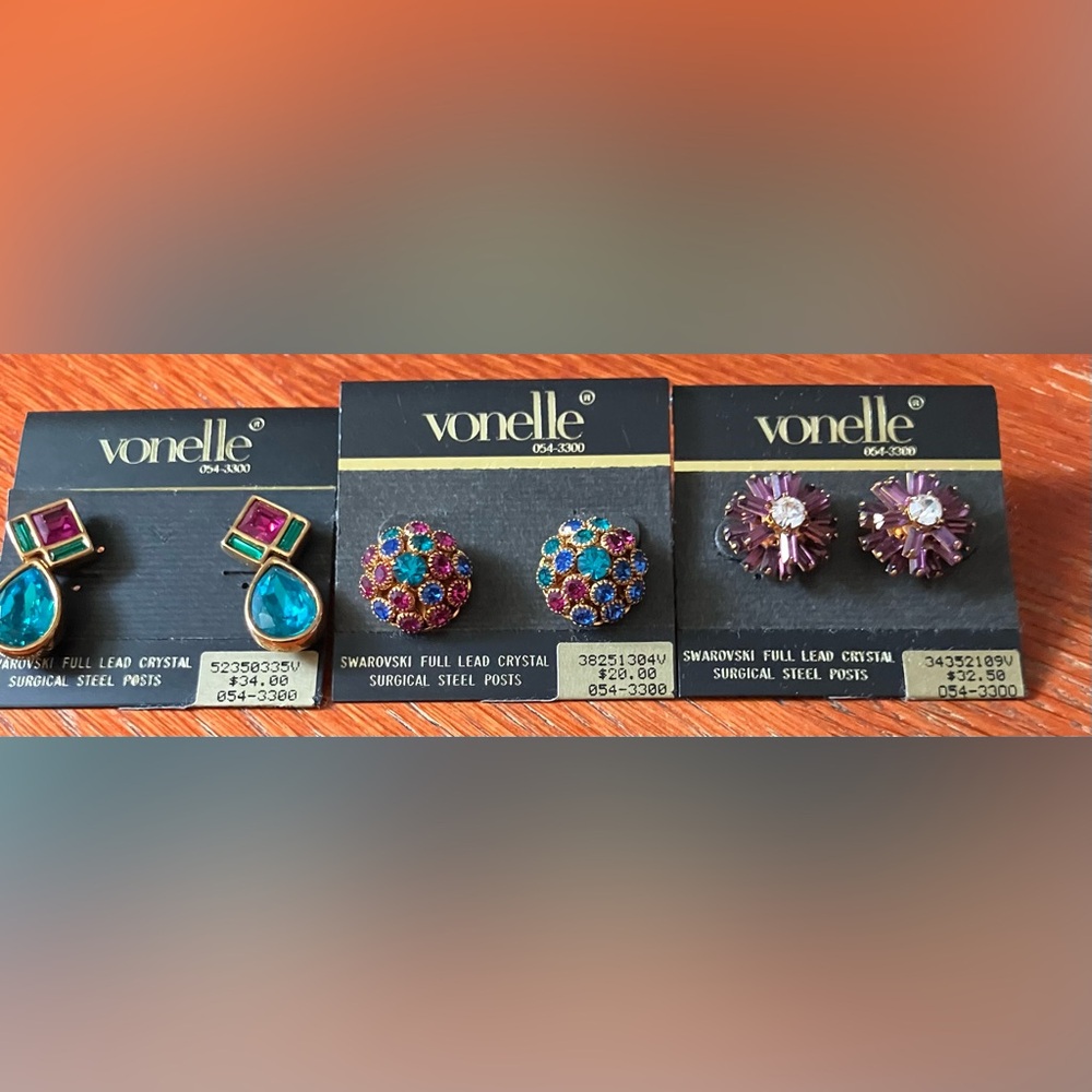 NWT Vonelle Multicolor Swarovski Crystal Earrings Bundle of 3 Vintage 80's